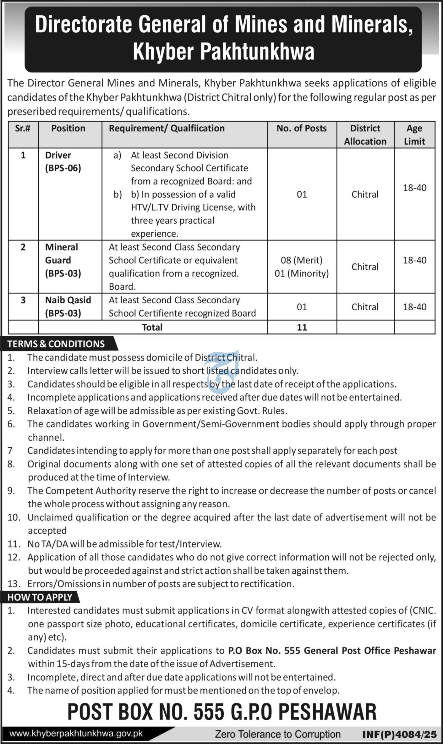 Directorate General of Mines And Minerals Kpk Jobs 2025 – Commissioner Mines Labour Welfare Peshawar Kpk Jobs 2025 — original advertisement