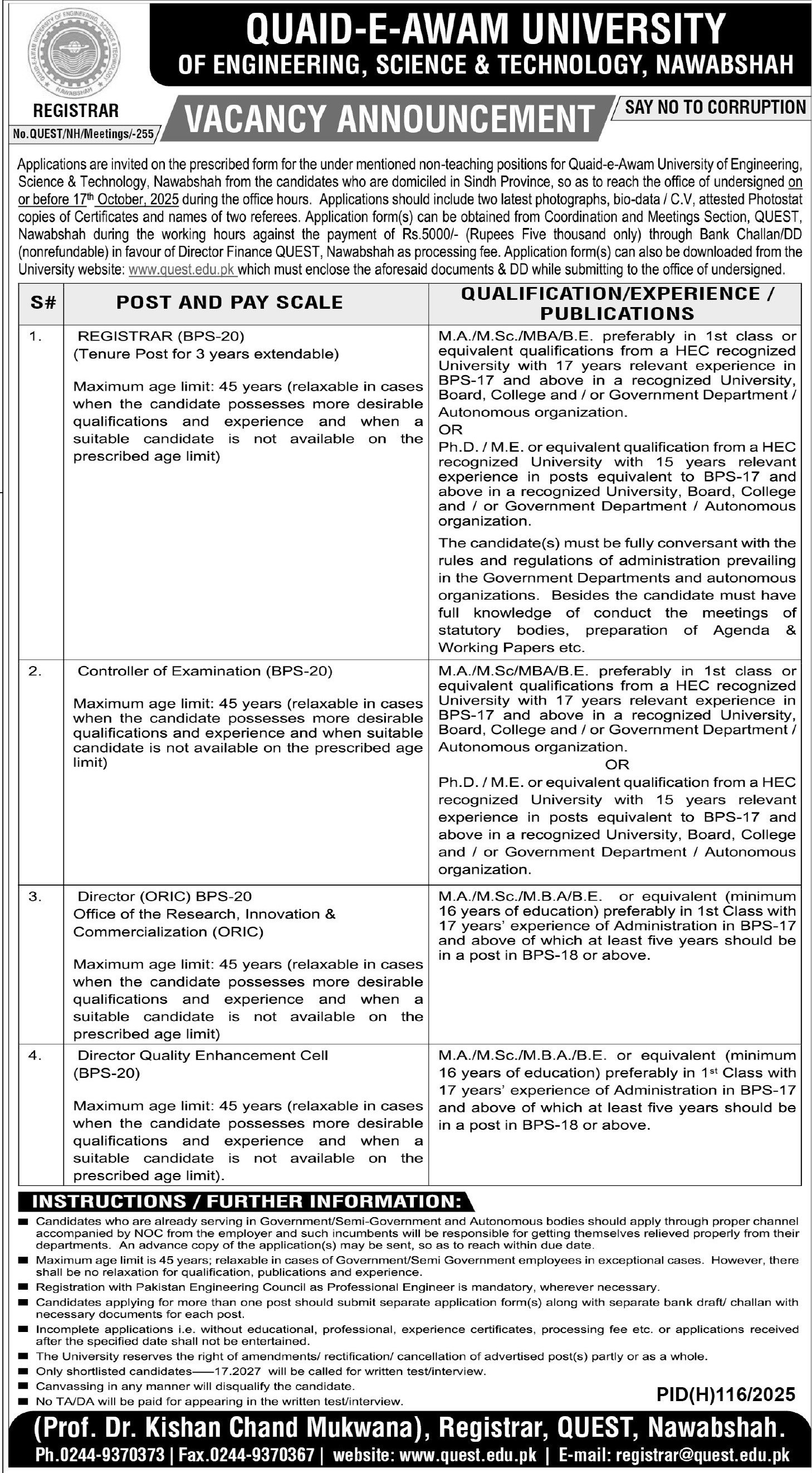 QUEST Quaid E Awam University Of Engineering Science Jobs – Quaid E Awam University Nawabshah Jobs 2025 — original advertisement
