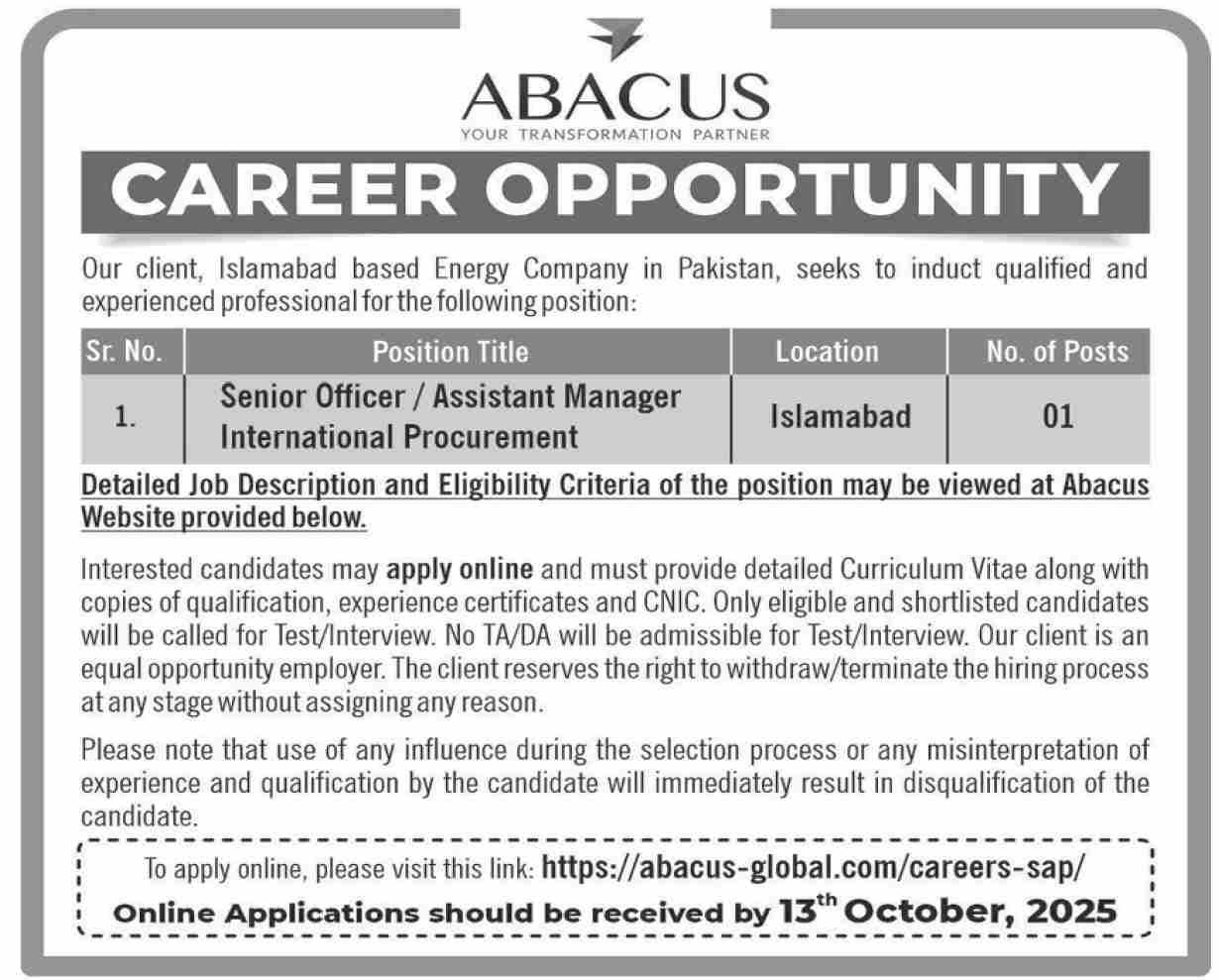 Abacus Consulting Islamabad Jobs 2025 – Private Sector Organization Jobs 2025 — original advertisement