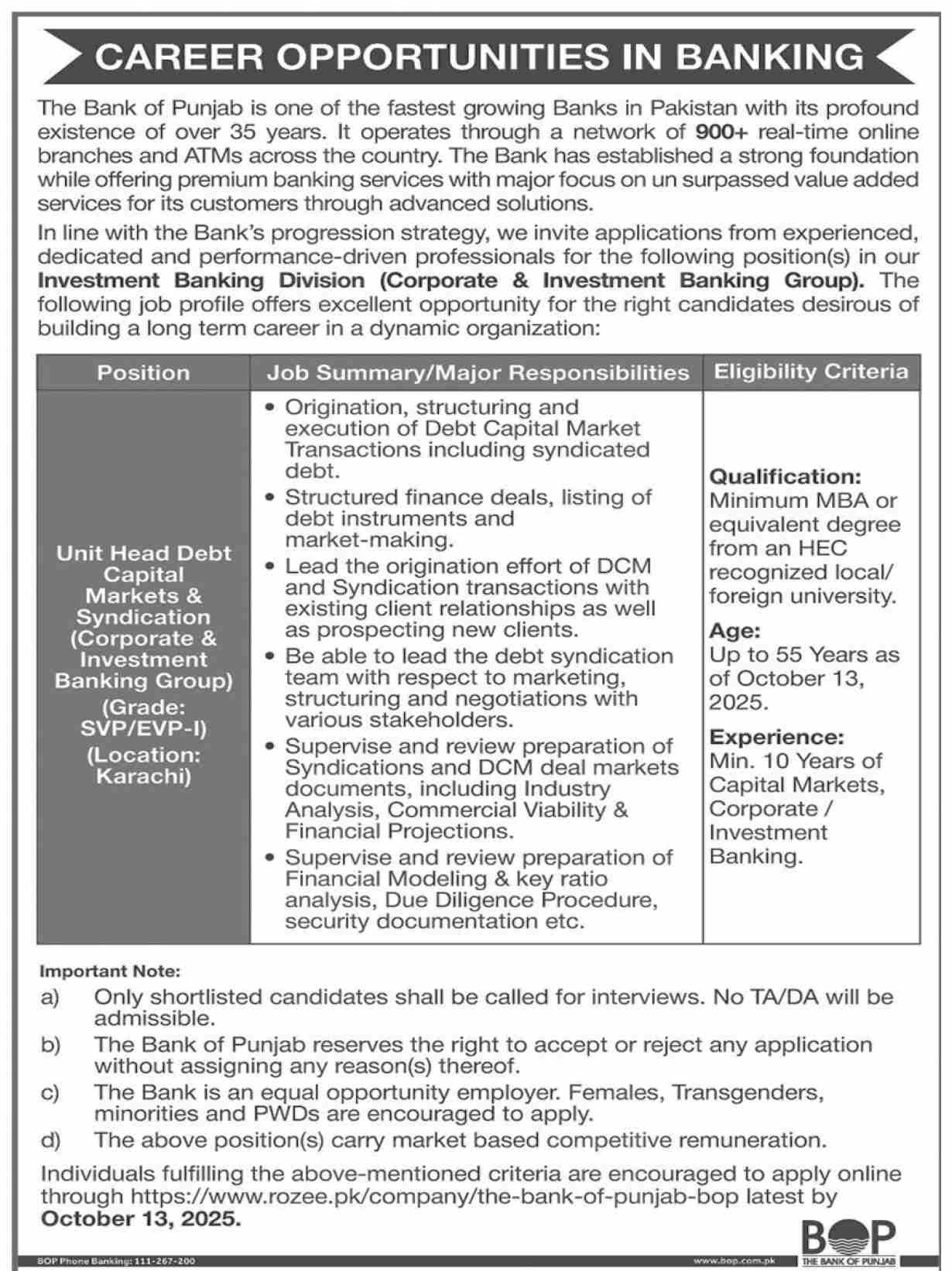 The Bank Of Punjab BOP Jobs 2025 Jobs 2025 — original advertisement