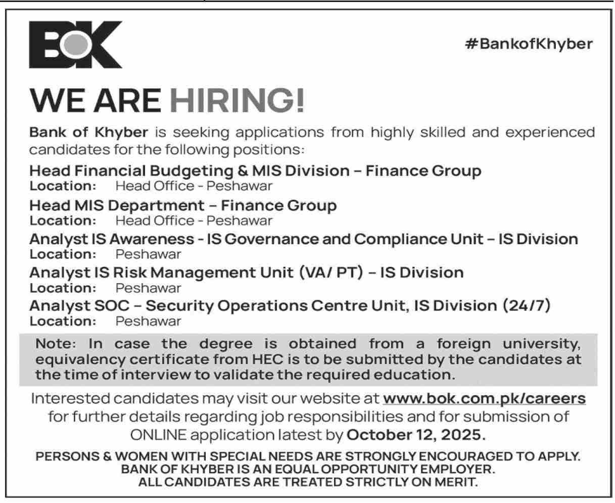 The Bank Of Khyber BOK Peshawar Jobs 2025 Jobs 2025 — original advertisement