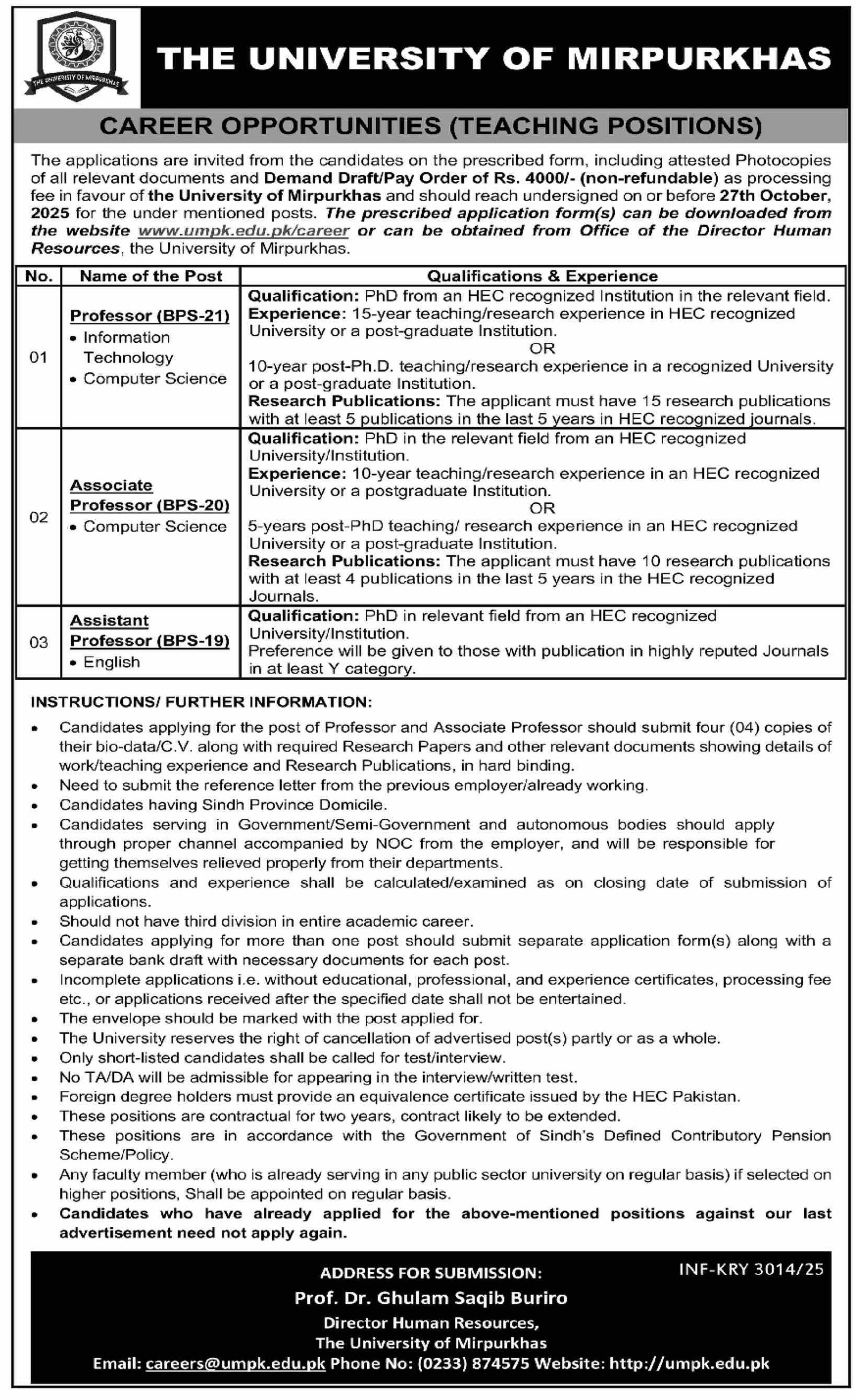 The University Of Mirpurkhas Sindh Jobs 2025 – The University Mirpurkhas Jobs 2025 — original advertisement