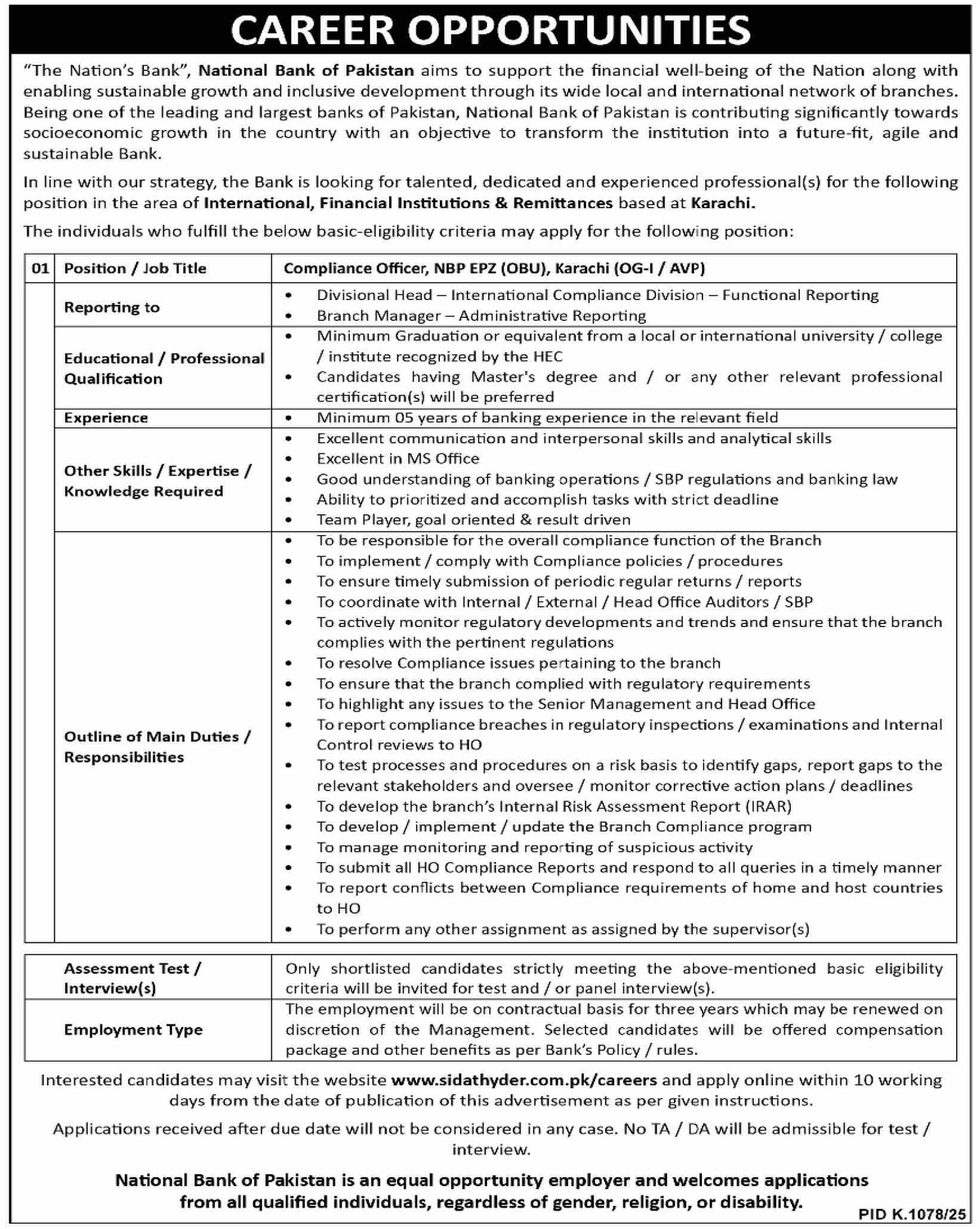 National Bank Of Pakistan NBP Karachi Sindh Jobs 2025 Jobs 2025 — original advertisement
