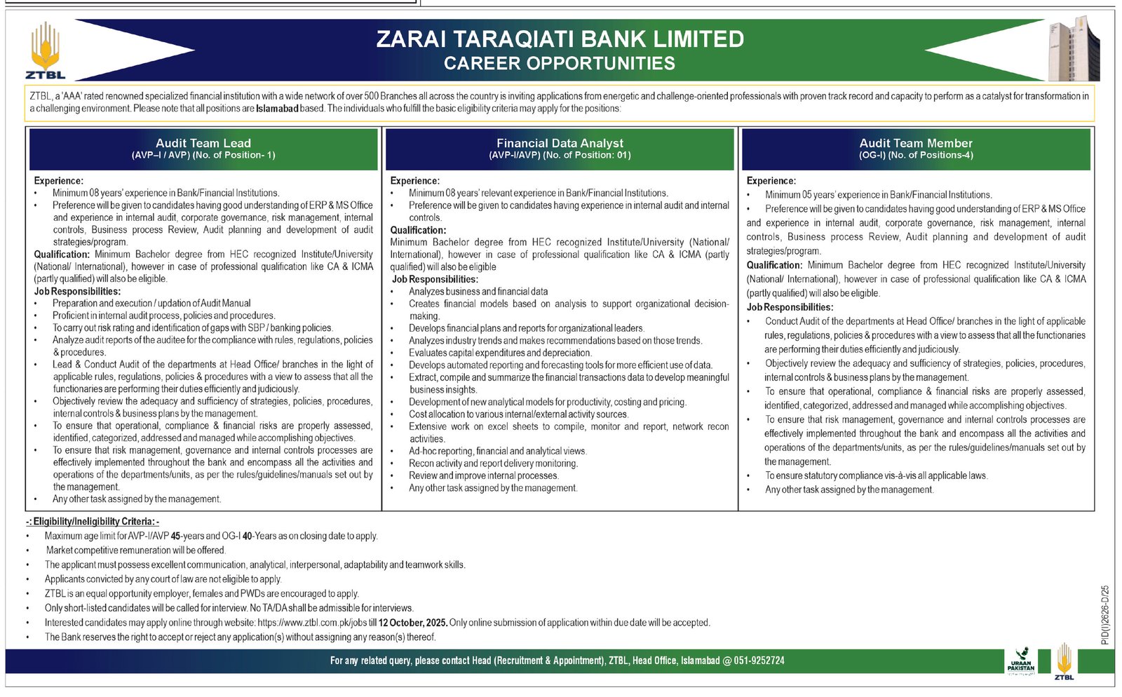 Zarai Taraqiati Bank Limited ZTBL Islamabad Jobs 2025 Jobs 2025 — original advertisement