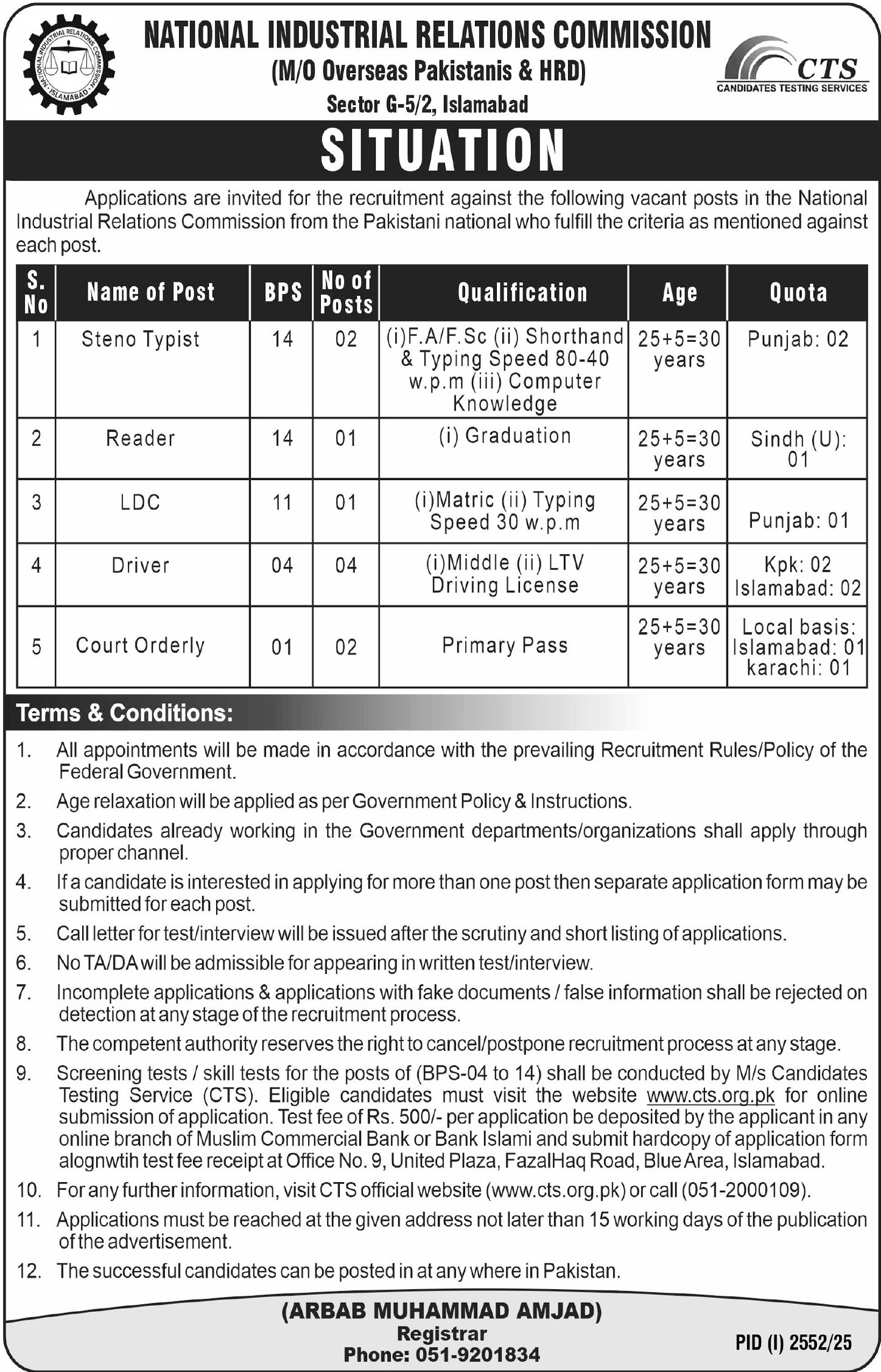 National Industrial Relations Commission Islamabad Jobs 2025 – Federal Government Organization Jobs 2025 — original advertisement