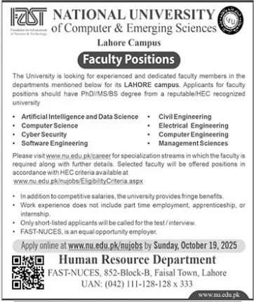 Faculty Jobs At National University Of Computer Lahore – FAST - National University of Computer & Emerging Sciences Jobs 2025 — original advertisement