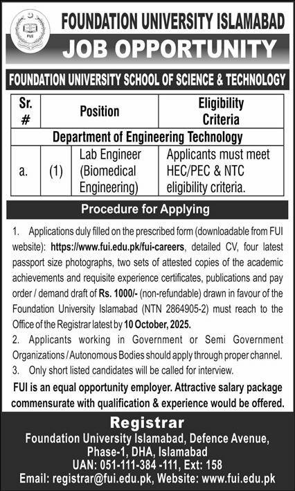 Foundation University Islambad Jobs 2025 – Foundation University islamabad Jobs 2025 — original advertisement