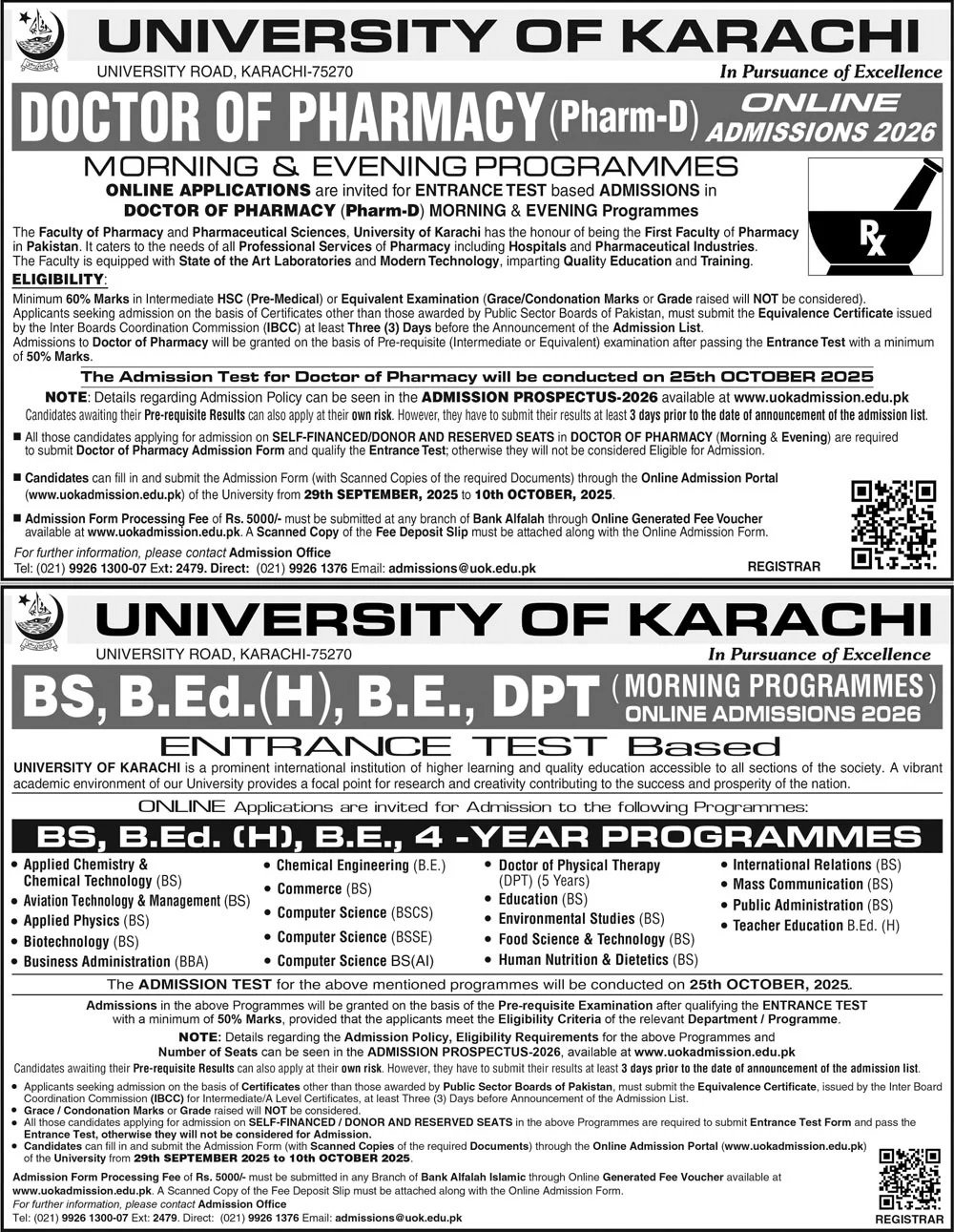 Admission Open in University of Karachi 2025 Admissions 2025 — original advertisement