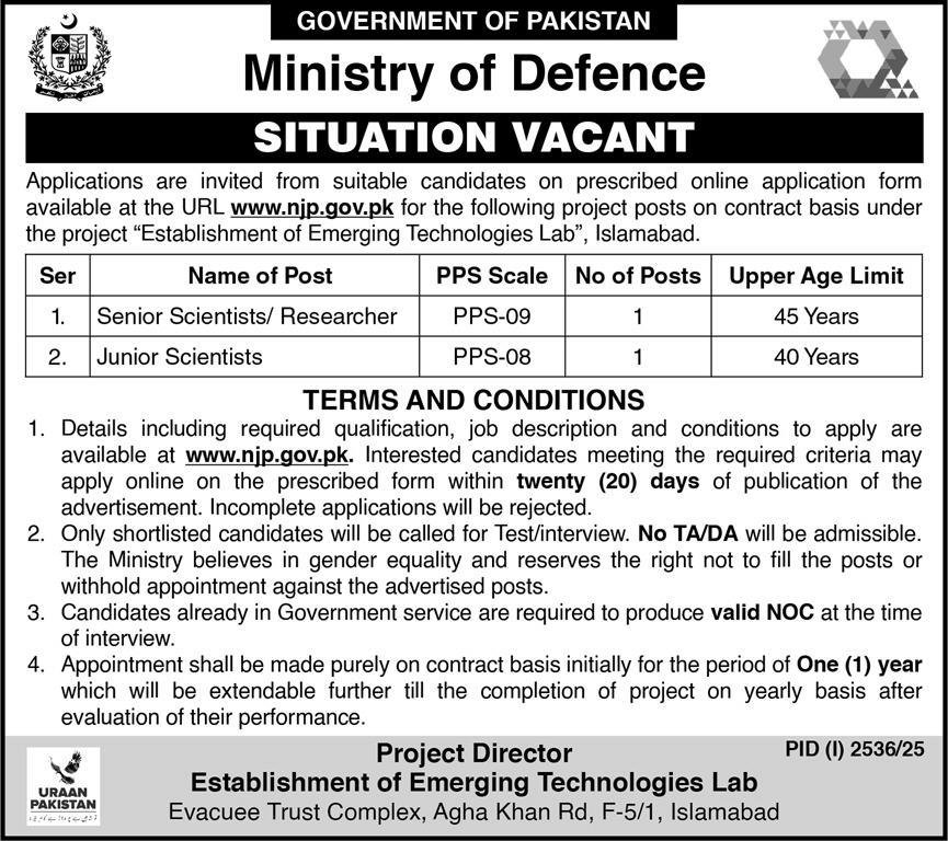 Ministry of Defence Islamabad Jobs 2025 – Ministry of Defence Pakistan Jobs 2025 — original advertisement