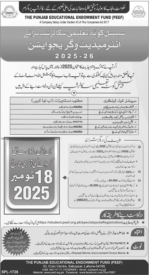 Punjab Educational EndowMent Fund Peef 2025 Admissions 2025 — original advertisement