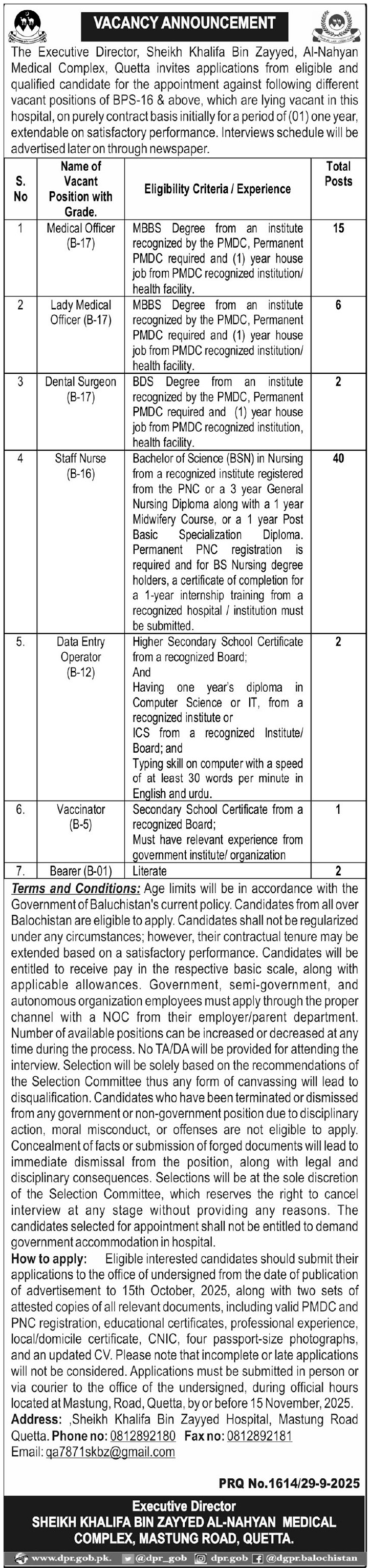 Sheikh Khalifa Bin Zayed Al Nahyan Medical Complex Jobs 2025 – Sheikh Khalifah Bin Zayyad Hospital Quetta Jobs 2025 — original advertisement