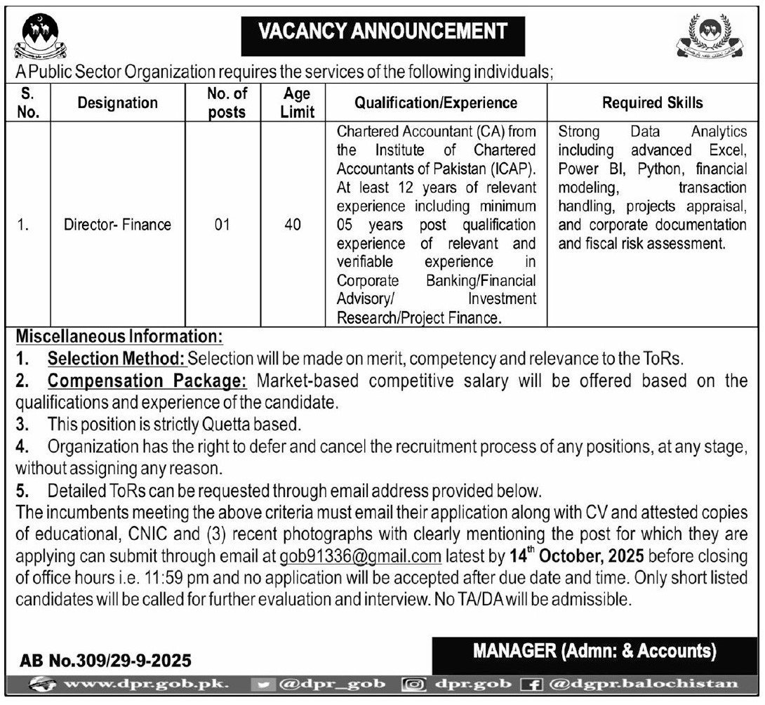 Public Sector Organization Quetta Jobs  2025 Jobs 2025 — original advertisement