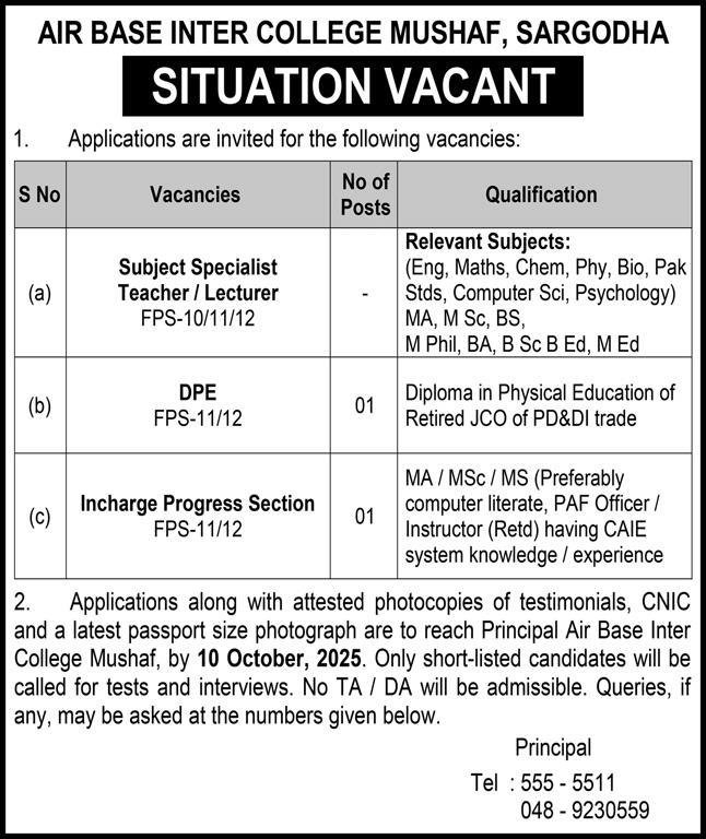 Air Base Inter College Mushaf Sargodha Jobs 2025 – Pakistan Air Force Jobs 2025 — original advertisement