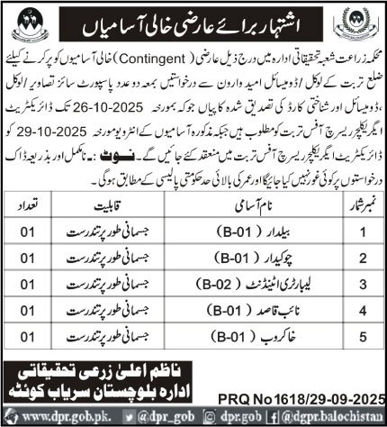 Agriculture Department Quetta Jobs 2025 – Agriculture Department Balochistan Jobs 2025 — original advertisement