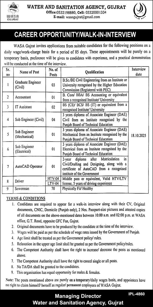 Water and Sanitation Agency WASA Gujrat Jobs 2025 – Water and Sanitation Agency (LDA) Lahore Jobs 2025 — original advertisement