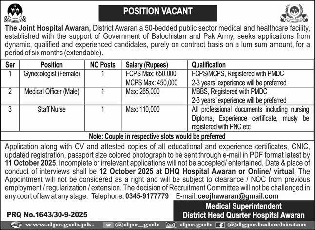 The Joint Hospital Awaran Jobs 2025 For Medical Officer Jobs 2025 — original advertisement
