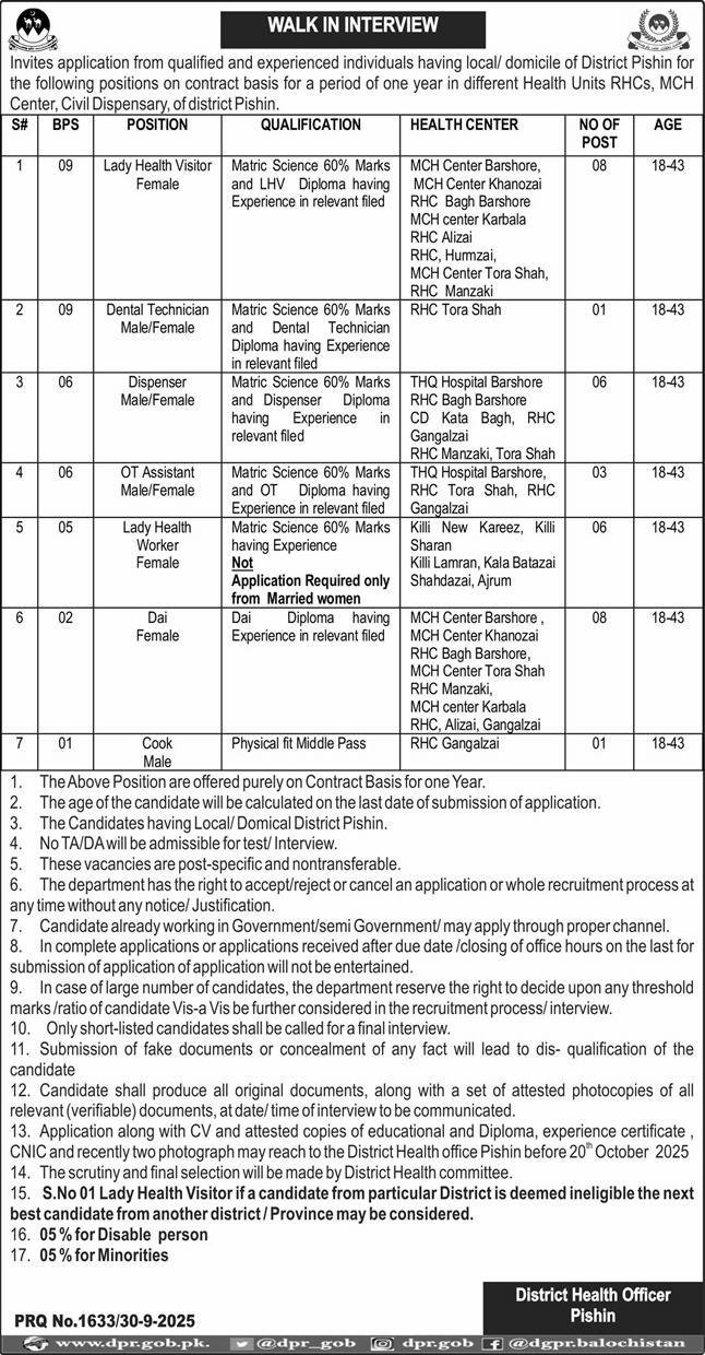 District Health Officer DHO Pishin Jobs Interview 2025 – Health Department Balochsitan Jobs 2025 — original advertisement