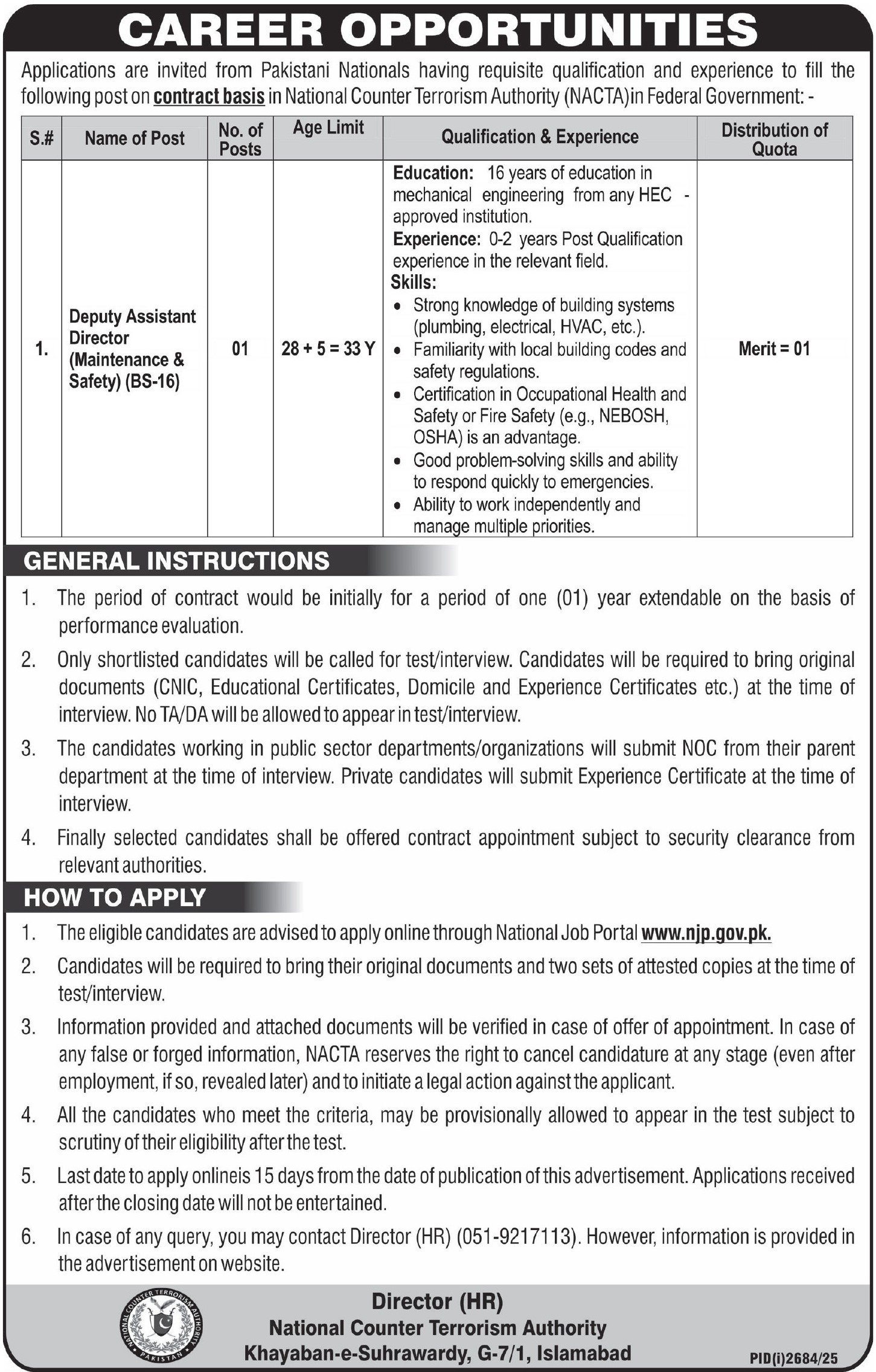 National Counter Terrorism Authority Jobs 2025 – National Counter Terrorism Authority NACTA Jobs 2025 — original advertisement