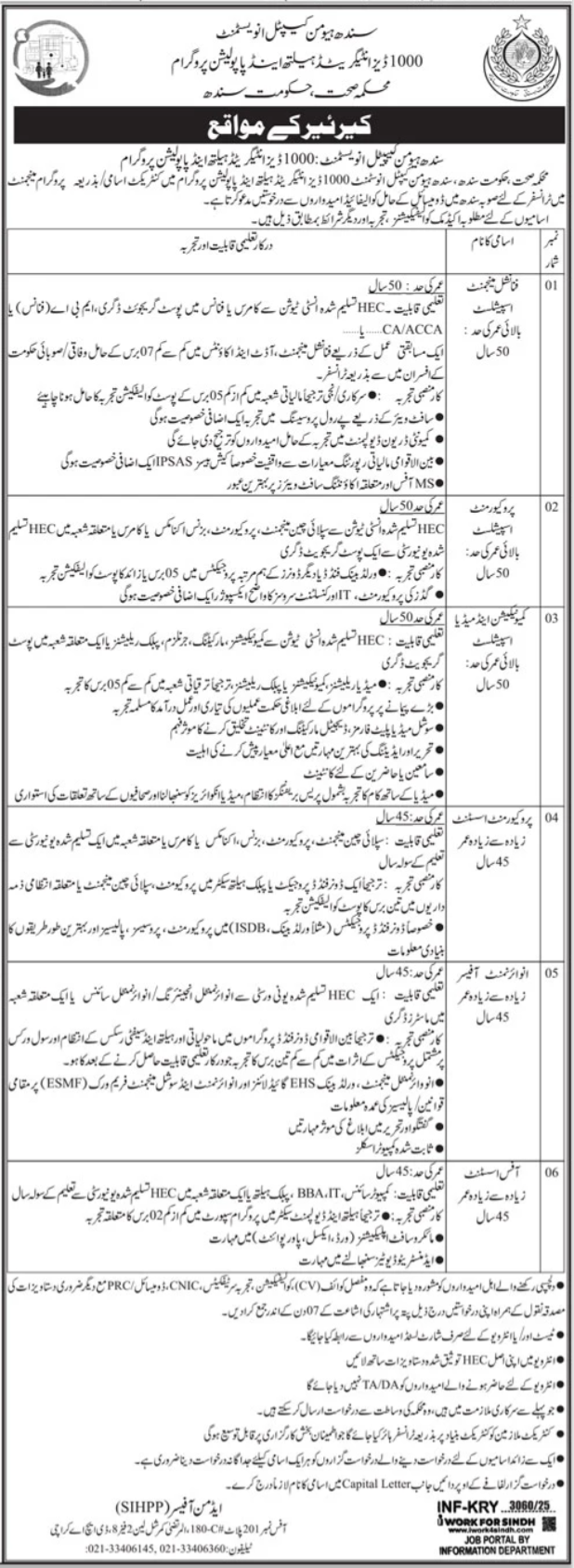 1000 Diseased Health & Population Program Sindh SIHPP Jobs – Health Department Sindh Jobs 2025 — original advertisement