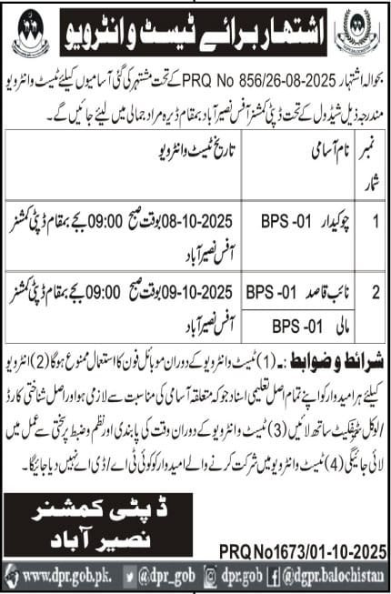 Deputy Commissioner DC Naseerabad Jobs Interview 2025 – Revenue Department Balochistan Jobs 2025 — original advertisement