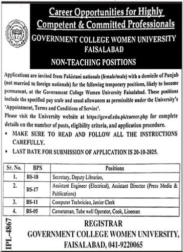 Government College Women University Faisalabad GCWUF Jobs Jobs 2025 — original advertisement
