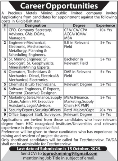 Metals Mining Public Company Gilgit Jobs 2025 – Private Company Jobs 2025 — original advertisement