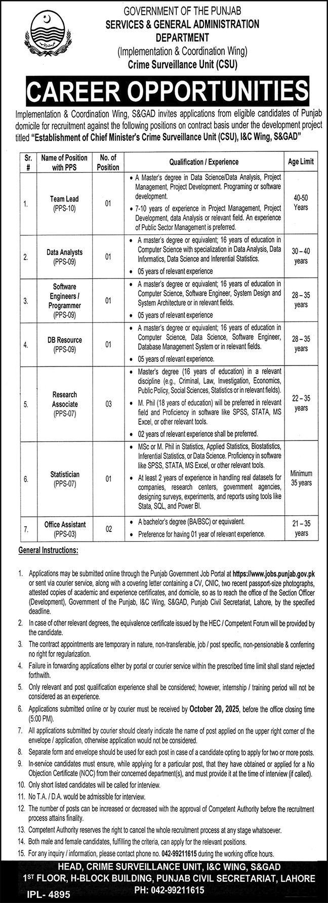Services & General Administration Department Lahore Jobs Jobs 2025 — original advertisement
