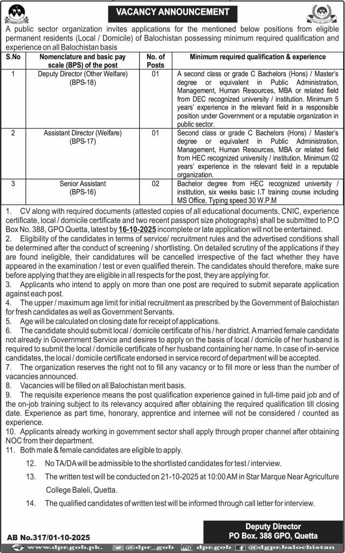 P O Box No 388 GPO Quetta Jobs 2025 For Senior Assistant – Public Sector Organization Jobs 2025 — original advertisement