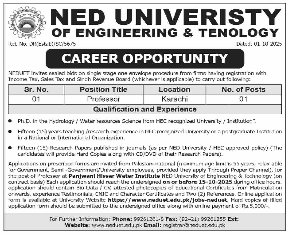 NED University Of Engineering And Technology Karachi Job Jobs 2025 — original advertisement