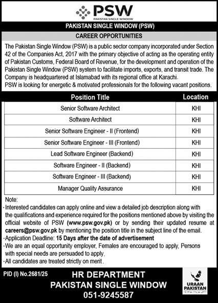 Pakistan Single Window PSW Karachi Jobs 2025 Jobs 2025 — original advertisement