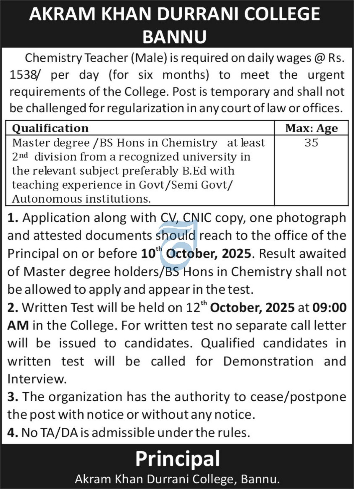 Akram Khan Durrani College Bannu Job 2025 – Akram Kuan Durrani College Jobs 2025 — original advertisement