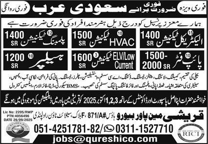 Low Current Technician & HVAC Technician Jobs 2025 – Qureshi Manpower Bureau Jobs 2025 — original advertisement