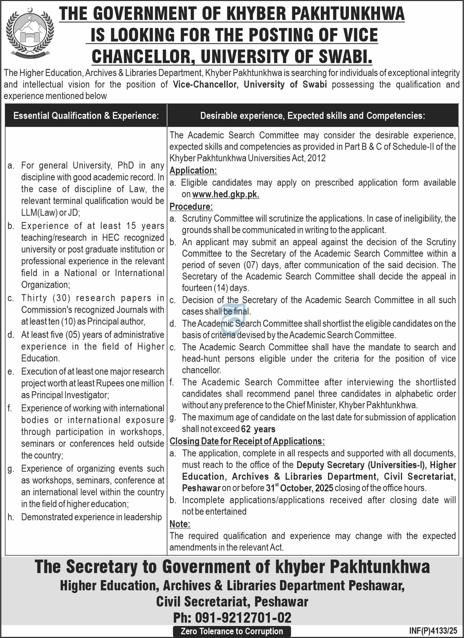 Higher Education Archives & Libraries Department Job 2025 – University of Swabi Jobs 2025 — original advertisement