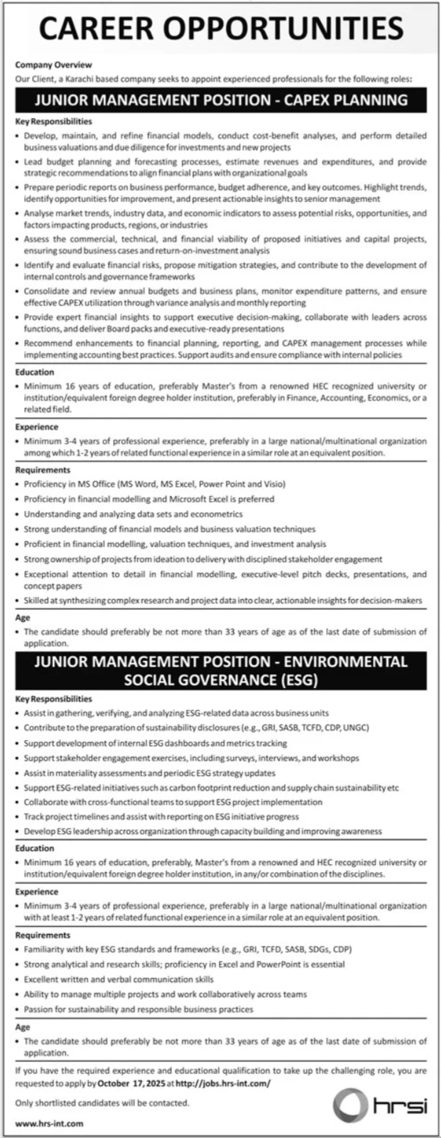 Human Resource Solutions International HRSI Karachi Jobs – HRSG People and Business karachi Jobs 2025 — original advertisement