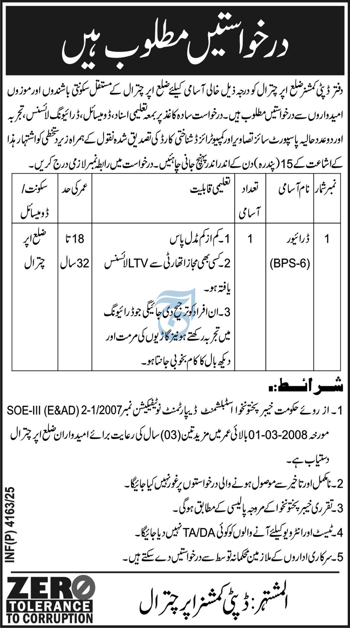 Deputy Commissioner Office Chitral Job 2025 – Revenue Department KPK Jobs 2025 — original advertisement