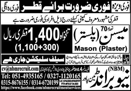 Mason And Plaster Jobs in Qatar 2025 – New Brand Manpower Jobs 2025 — original advertisement