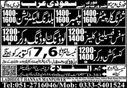 Shuttring Carpanter And Construction Worker Jobs in Ksa 2025 – Al Falah Trade Test Jobs 2025 — original advertisement