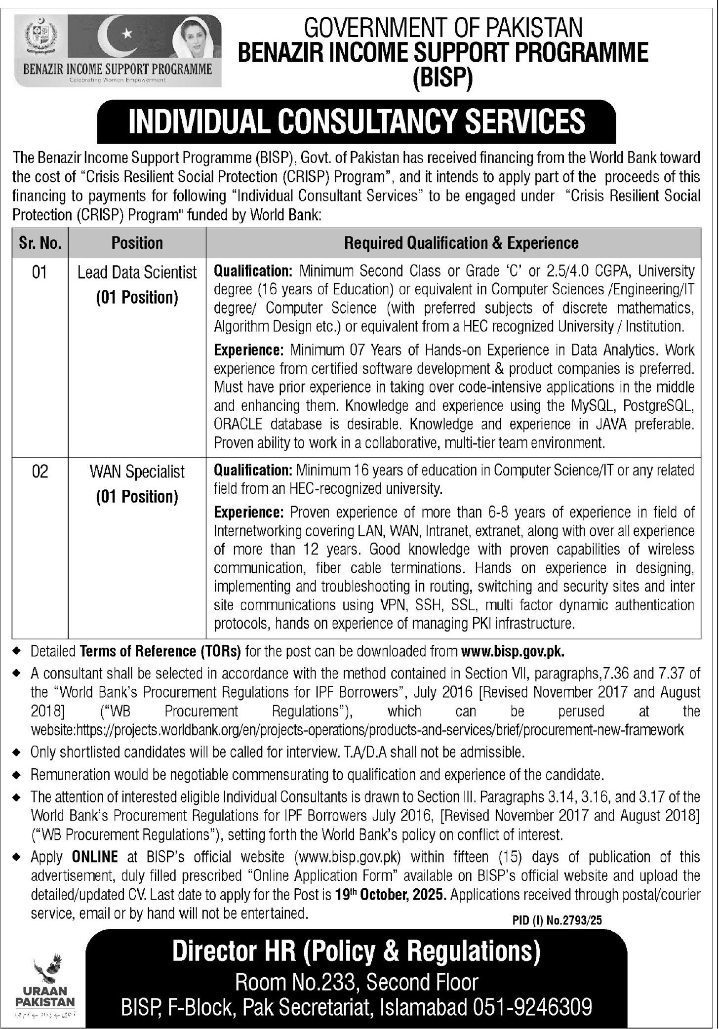 Benazir Income Support Programme BISP Islamabad Jobs 2025 Jobs 2025 — original advertisement