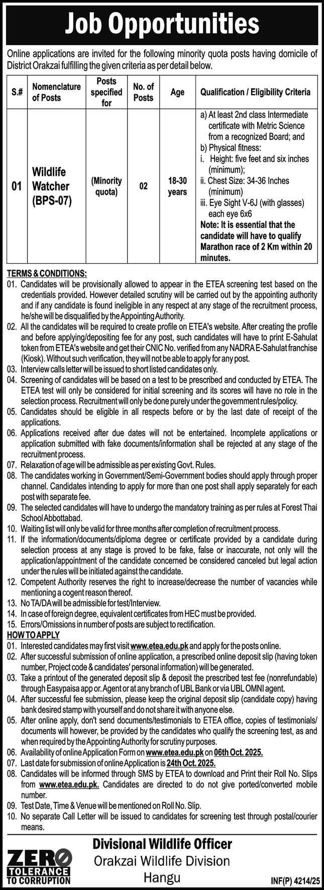 Orakzai Wildlife Division Hangu Jobs 2025 Wildlife Watcher – Forestry, Environment & WildLife Department KPK Jobs 2025 — original advertisement