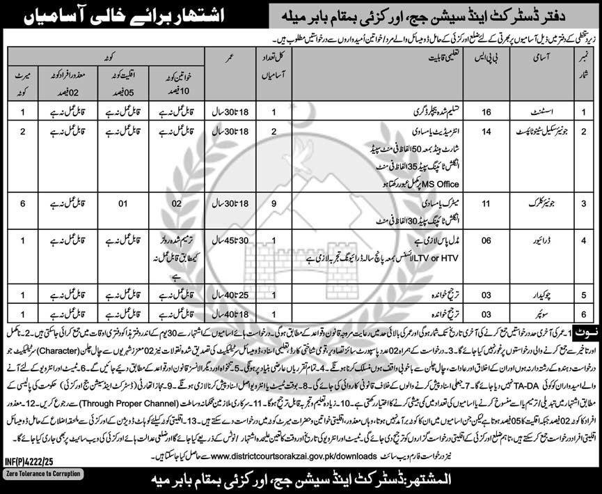 District & Session Court Baber Mela Jobs 2025 For Assistant – District & Session Judge Jobs 2025 — original advertisement
