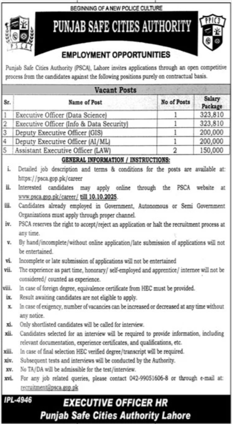 Punjab Safe Cities Authority PSCA Jobs 2025 Jobs 2025 — original advertisement