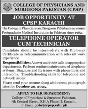 College Of Physician And Surgeons Pakistan CPSP Jobs – College of Physicians and Surgeons Pakistan Jobs 2025 — original advertisement