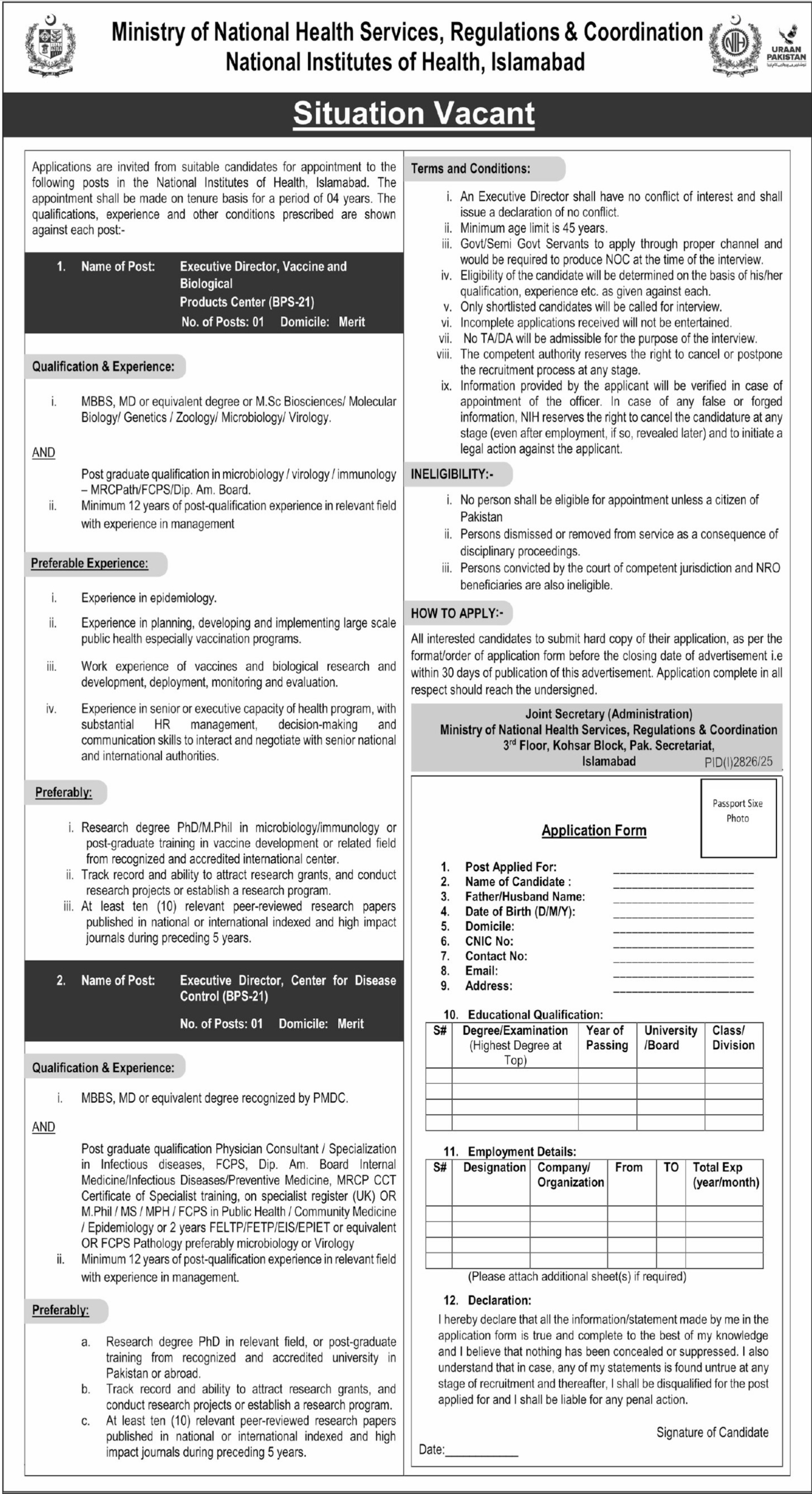 Ministry of National Health Services Regulations Jobs 2025 – Ministry of National Health Services Regulation and Coordination Jobs 2025 — original advertisement