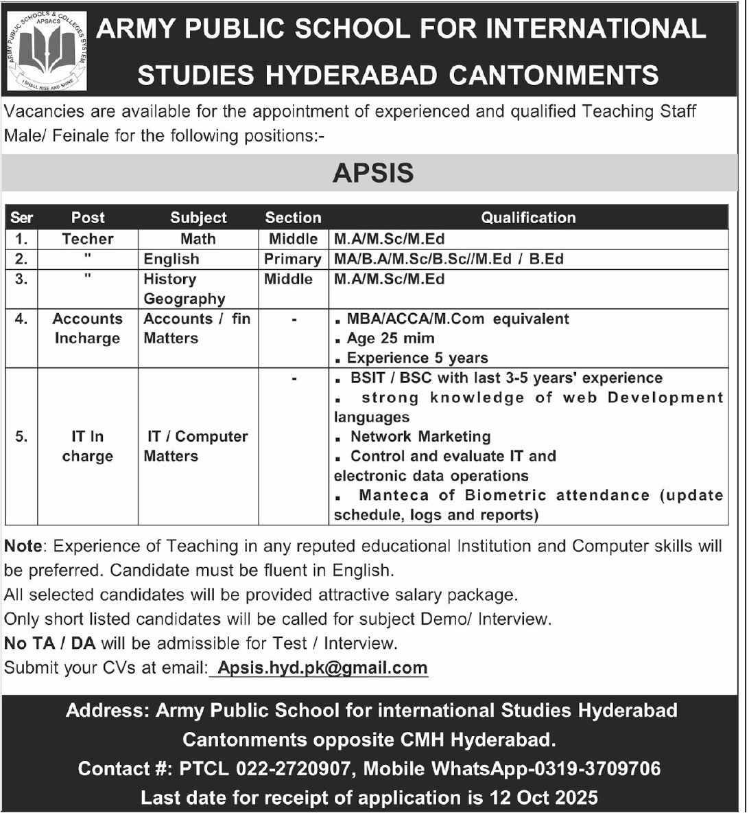 Army Public School For International Studies Jobs 2025 – Army Public School & College Paksitan Jobs 2025 — original advertisement