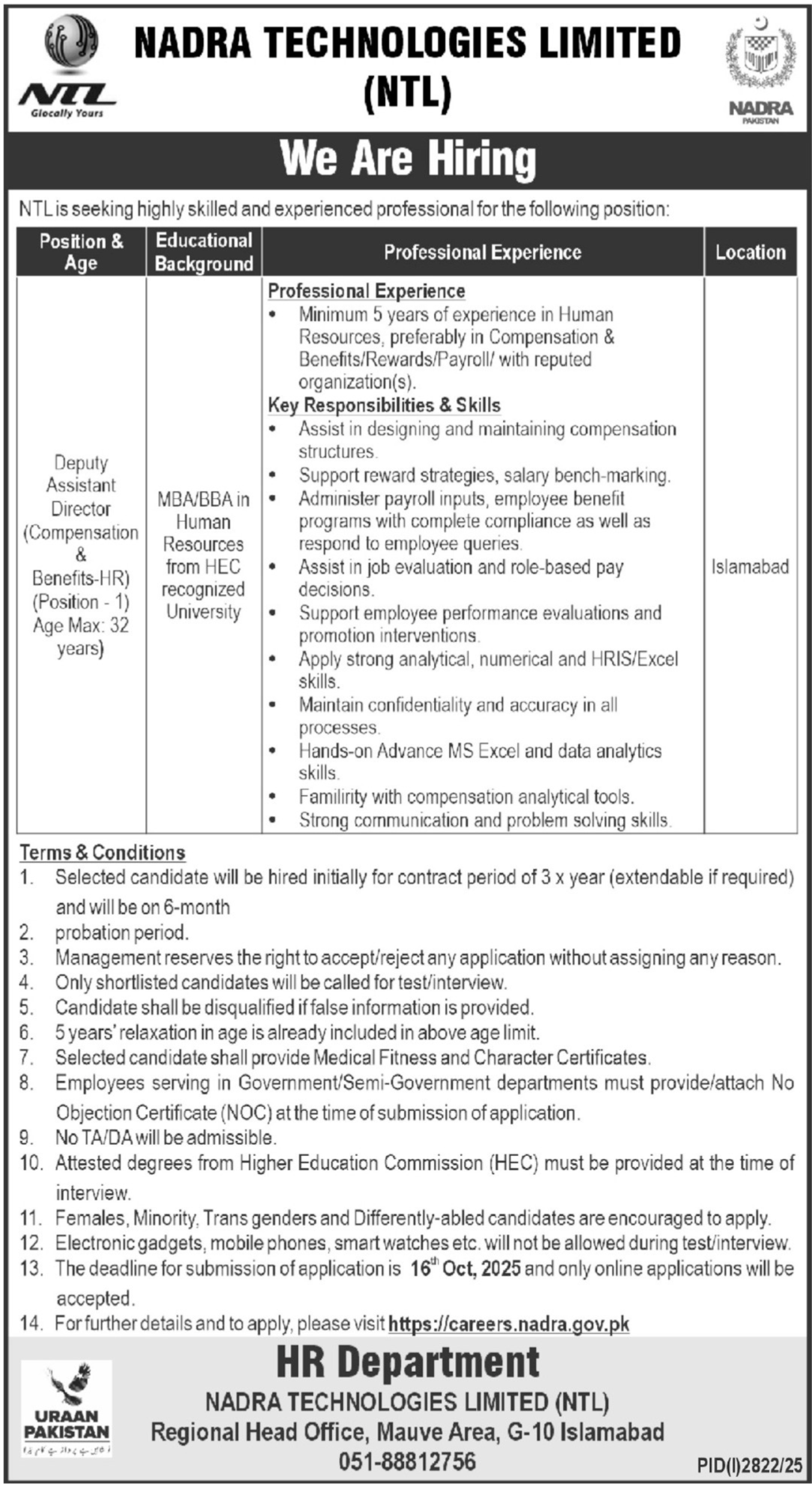 Nadra Technologies Limited NTL Islamabad Jobs 2025 Jobs 2025 — original advertisement