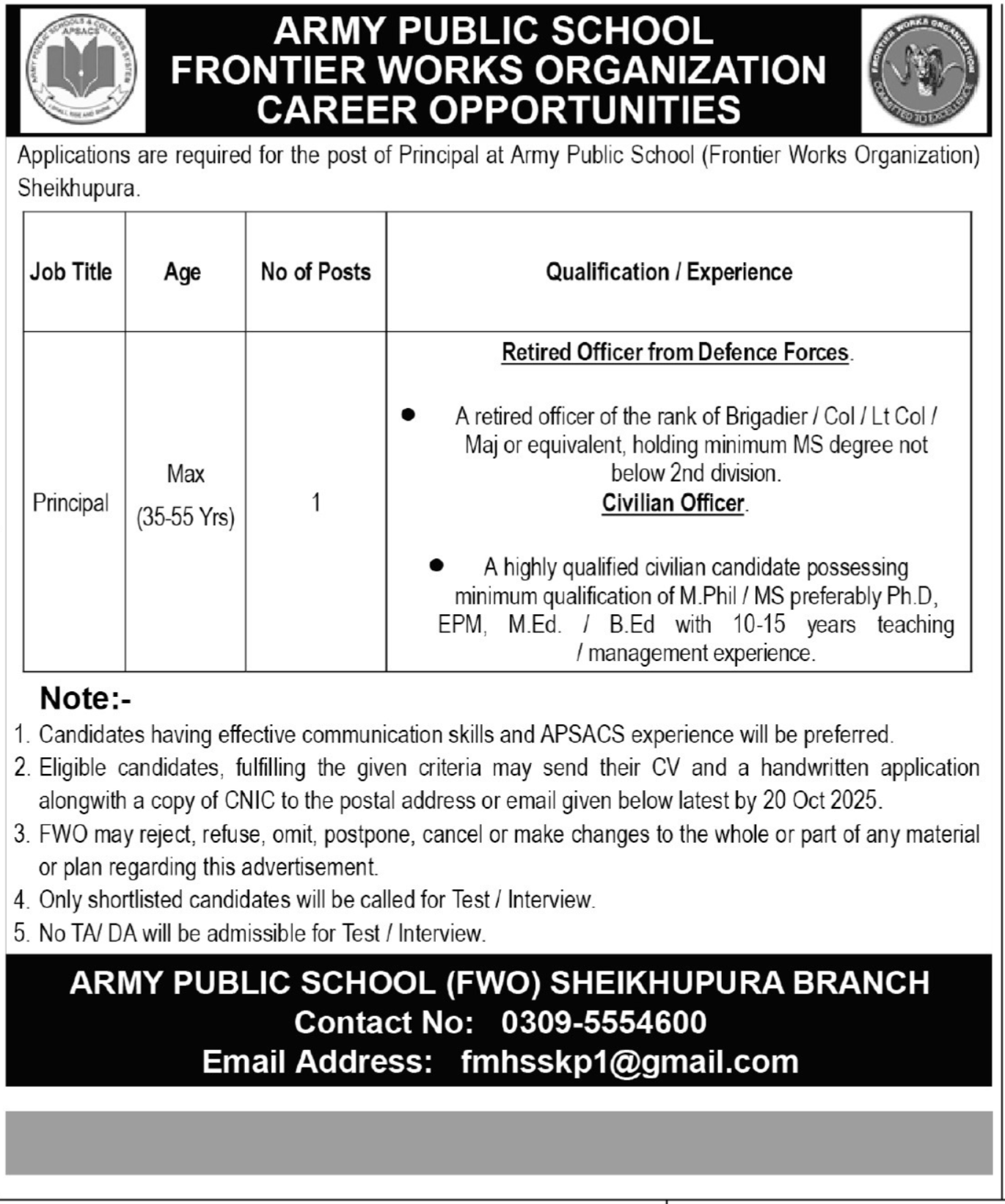 Army Public School APS Sheikhupura Jobs 2025 – Army Public School & College Paksitan Jobs 2025 — original advertisement
