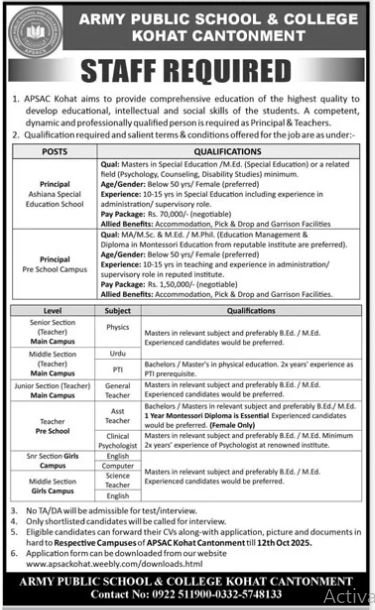 Army Public School & College APS&C Kohat Jobs 2025 – Army Public School & College Paksitan Jobs 2025 — original advertisement