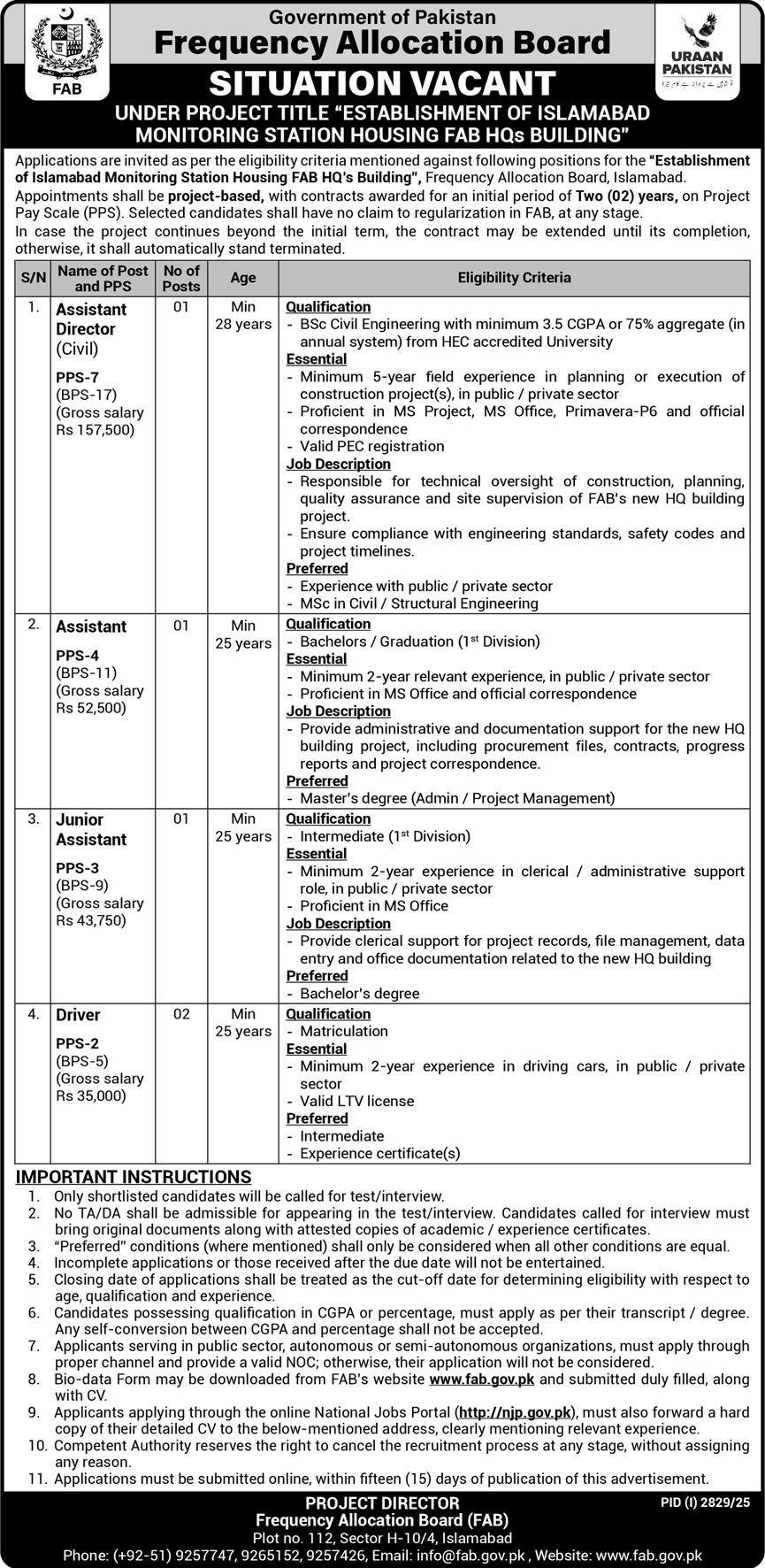 Frequency Allocation Board Islamabad Jobs 2025 Jobs 2025 — original advertisement