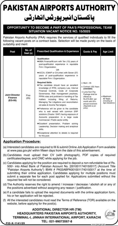 Pakistan Airports Authority PAA Karachi Jobs 2025 Jobs 2025 — original advertisement
