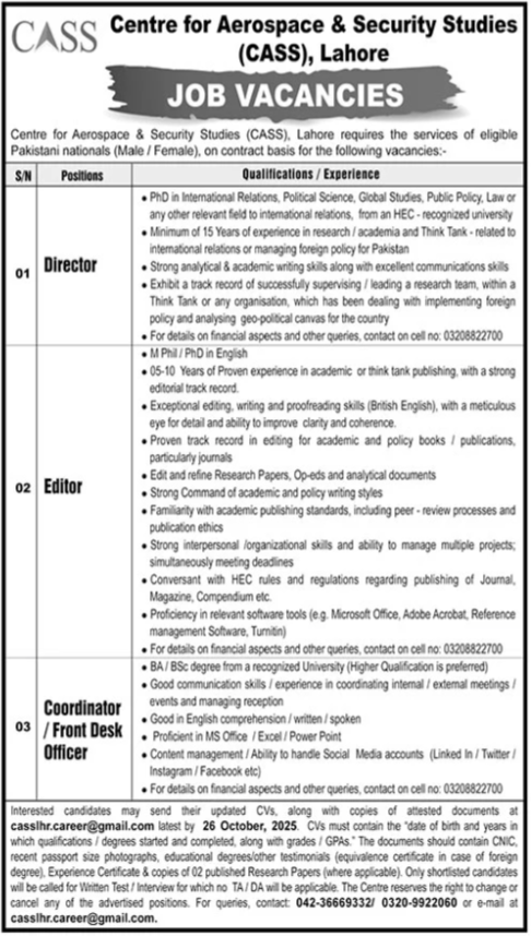 Centre For Aerospace & Security Studies CASS Jobs 2025 Jobs 2025 — original advertisement